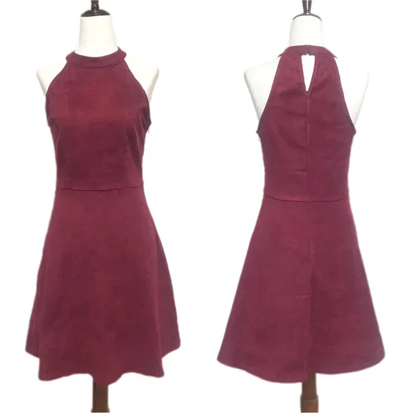 ALTAR"D STATE Burgundy Faux Suede Halter Mini Dress Size Small Sleeveless‎ Fall - Image 2