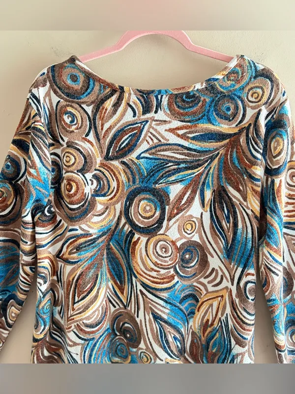 ARYEH‎ 60s/70s Inspired Boho Abstract Floral Print Long-Sleeve Knit Shift Dress - Image 5
