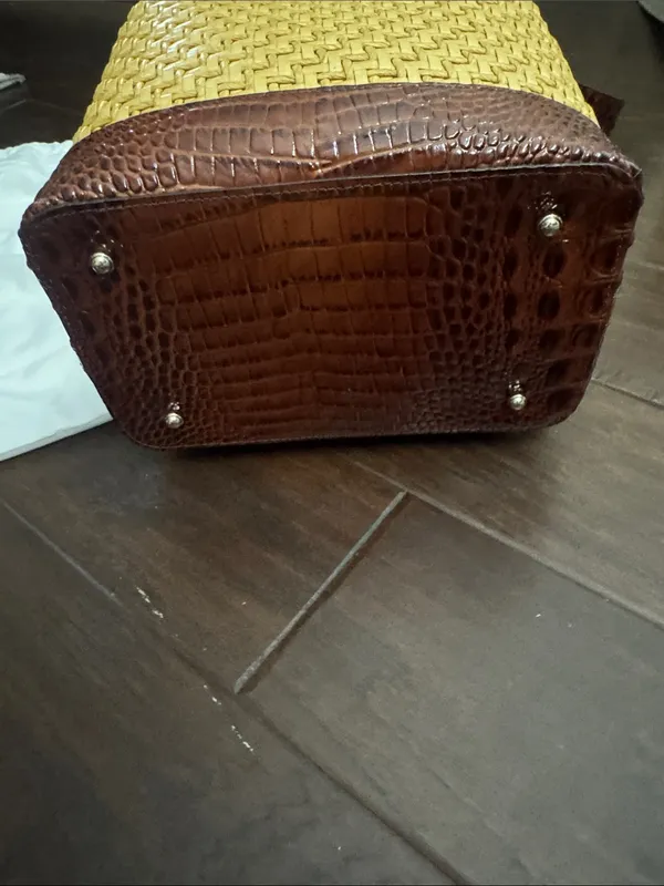 Brahmin Yellow Woven Bucket Bag with Brown Croc Trim - Image 5