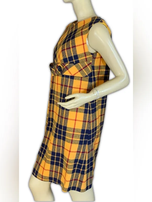 Vintage 1960'S M.H. Fine Co Yellow & Blue Plaid Wool Blend Shift Dress (12) - Image 8