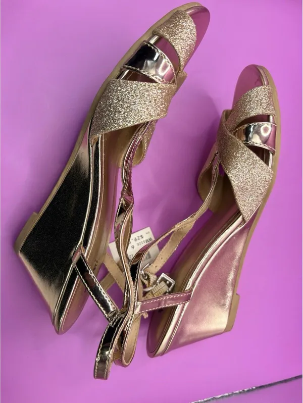 Fioni Women's Gold Glitter Strappy Sandals Buckle Wedge Adjustable Strap 6 - Image 3