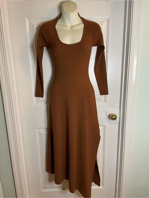 A.L.C. Long Sleeve Scoop Neck Maxi Dress in Chestnut Brown Asymmetrical Size XS - Image 2