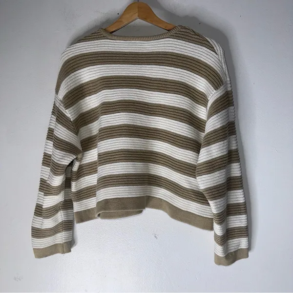 Vintage Liz Wear Striped Crop Cotton Sweater Tan White‎ Large - Image 2