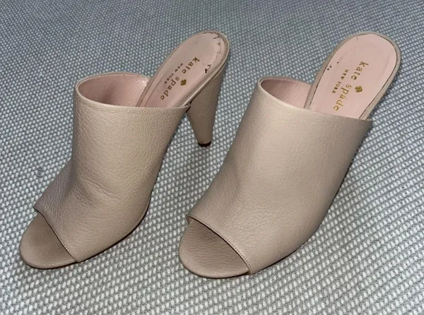 Kate Spade Pink Nude Pebble Leather Peep Toe Cone Heel Mules Classic Sz 8 - Image 3
