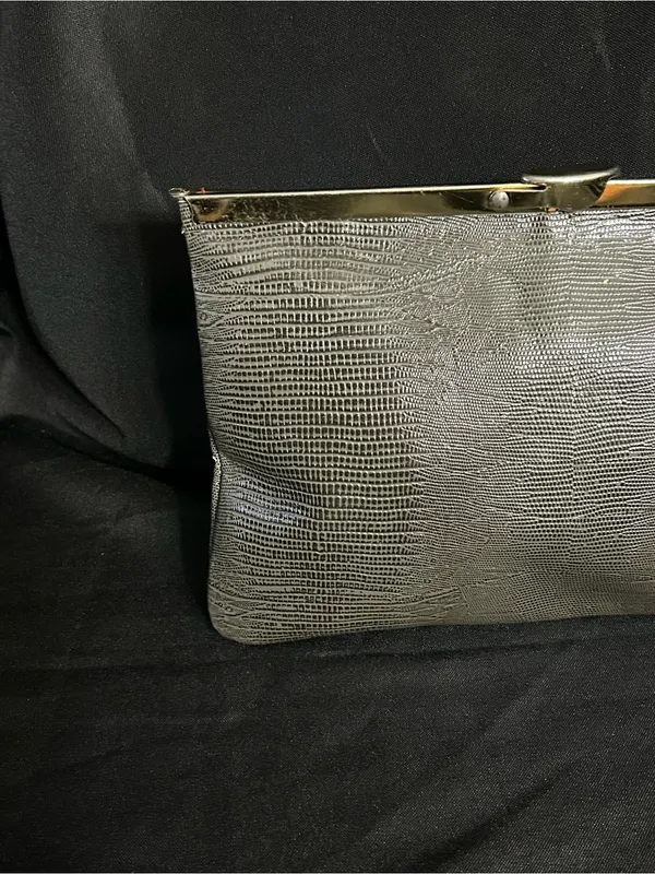 Vintage Textured Grey Clutch with Gold Frame - Image 8