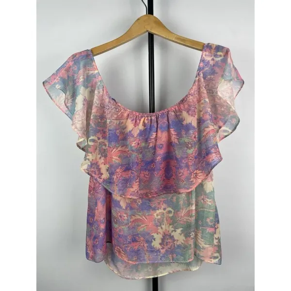 Show Me‎ Your Mumu Chiquita Multicolor Watercolor Sheer Flowy Off Shoulder Top M - Image 6