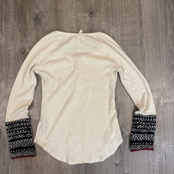 Free People Top Women L Newbie Thermal Alpine Henley Cuffs Cream Black - Image 10