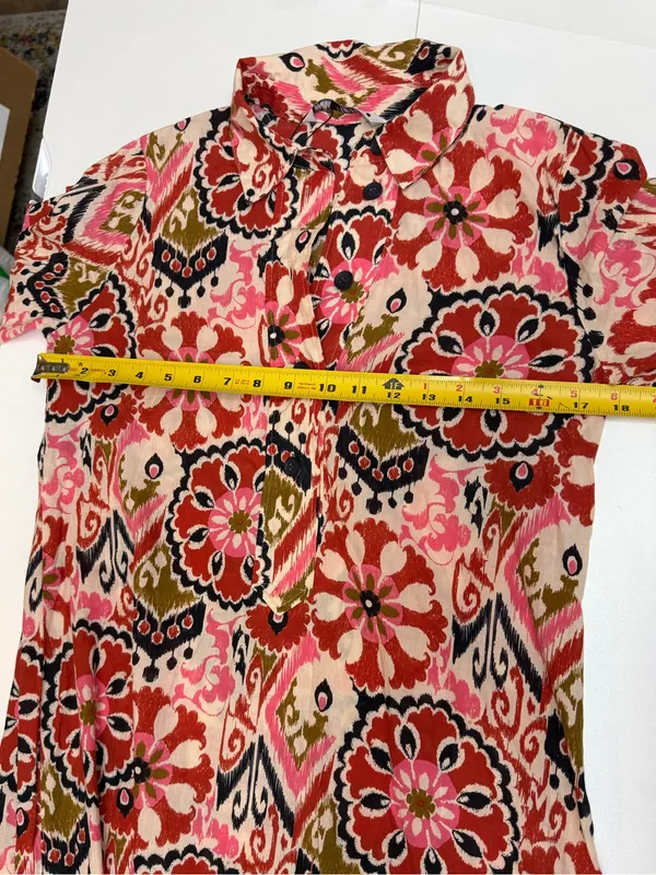 Zara Red and Pink Printed Midi Shirt Dress size S - Image 7