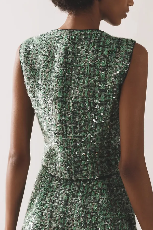 Anthropologie NWT Maeve Sequin Tweed Vest in green. Size Small - Image 3