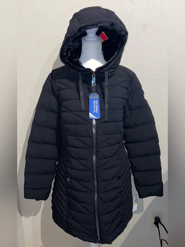 Nautica NWT Women Size M Black Hooded Puffer Jacket Coat Water Resistant Stretch - Image 4