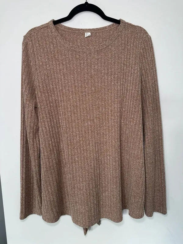 Tie-Back Ribbed Knit Long Sleeve Top Size XL Brown - Image 2