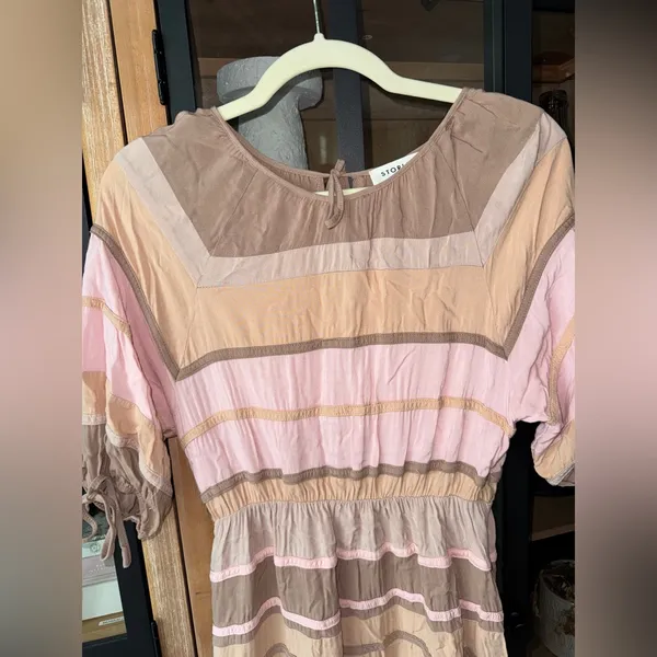 Storia Neopolitan stripes midi dress peach beige short sleeve bows elastic waist - Image 6