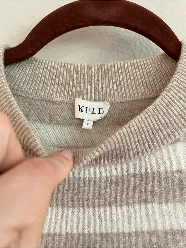KULE 100% Cashmere Striped Classic Round Neck Pullover Sweater Size Small Tan - Image 3