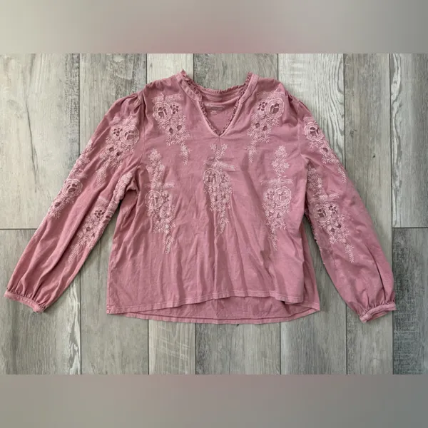 Soft Surroundings Cotton Pink Floral Embroidered Eyelet Babydoll Blouse size XL - Image 4