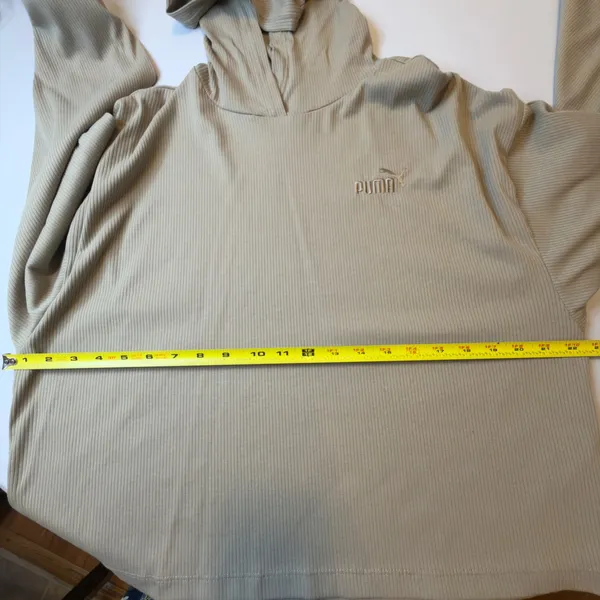 Puma Womens Ribbed Knit Cropped Hoodie Tan Beige Long Sleeve Pullover Large EUC - Image 5