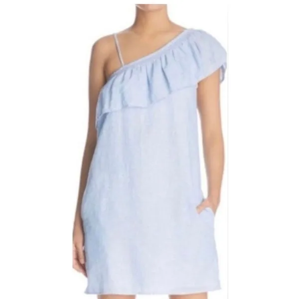 Beachlunchlounge Womens Light Blue One Shoulder Ruffle Linen‎ Blend Shift Dress - Image 2