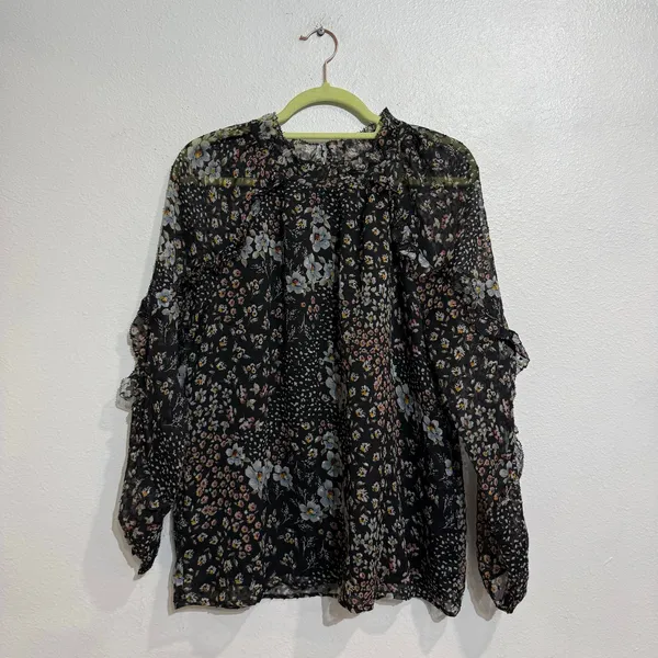 LOFT Black Floral Sheer Ruffle Sleeve Mock Neck Blouse Sz M - Image 2
