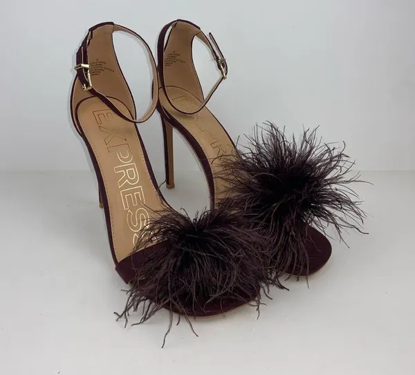 Heel Sandals Stilettos Size 9 Pom Pom by Express Heels Brown Burgundy color - Image 2