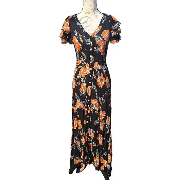 Patrons of Peace 39G Womens Black‎ Floral Rayon Button Front Ruffle Maxi Dress S - Image 2