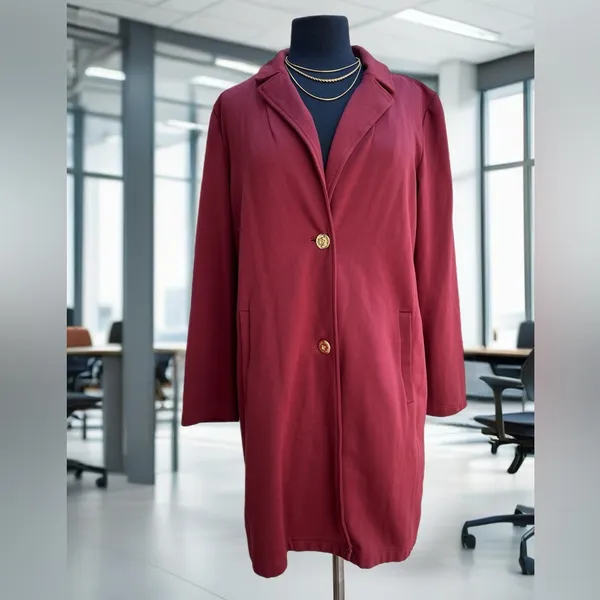 Marc New York Women’s Maroon Long Blazer Coat‎ Gold Buttons Size M - Image 2