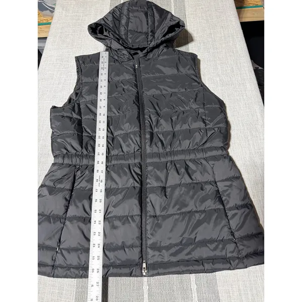 Womens Black Quilted Puffer Vest Hooded Full Zip large‎ Jacket Cinched Waist - Image 2