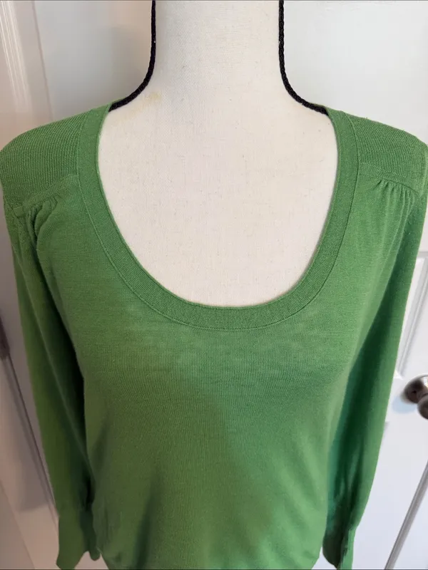 Loft| Green Scoop Neck Lightweight Long Sleeve Sweater with ribbed accents - Image 2