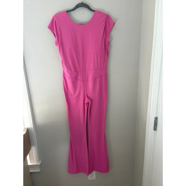Joy Lab Pink V-Neck Cap Sleeve Flare Leg Activewear Jumpsuit Large - Image 3