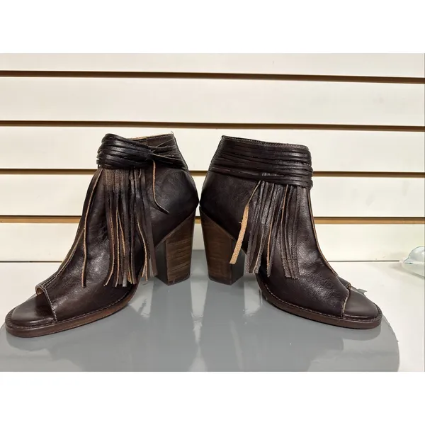 Bed Stu Onset Olivia Women's 6.5 Peep Toe Fringe Booties Brown Leather Heel Boho - Image 7