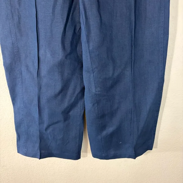 Orvis Wide Leg 100% Linen Solid Navy Drawstring Cropped Pant Large Beach Resort - Image 3