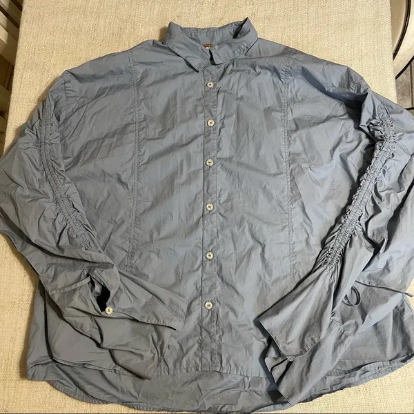 Free People Light Blue Ruched Sleeve Button Down Blouse - Image 8