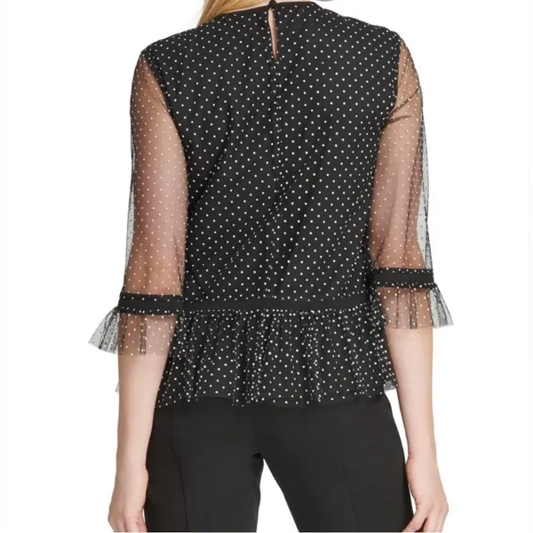 NWT DKNY XS Black Polka Dot Mesh Peplum Blouse Sheer 3/4 Ruffle‎ Sleeve Top - Image 2