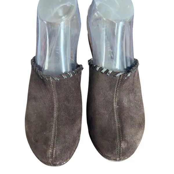 Made in Italy Suede Mules Clogs Chunky Heel‎ Brown Leather Upper Women's Size 6 - Image 3