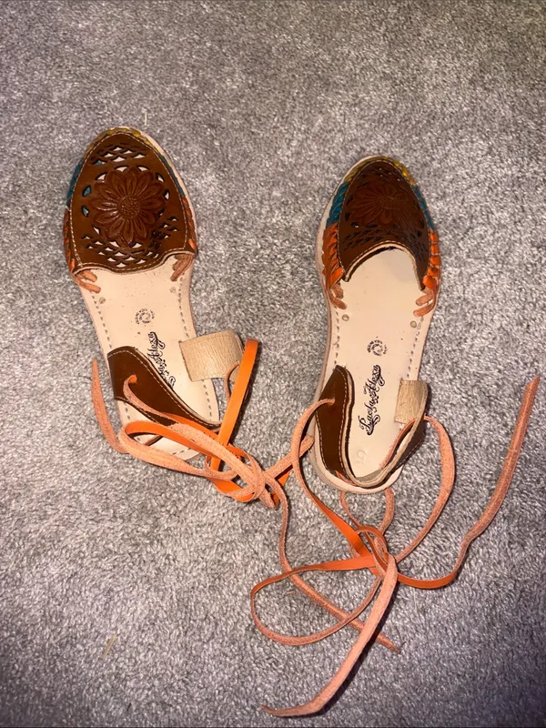Paola Alexa mexican Brown Leather Floral Cutout Sandals with Orange Laces 8/9 - Image 2