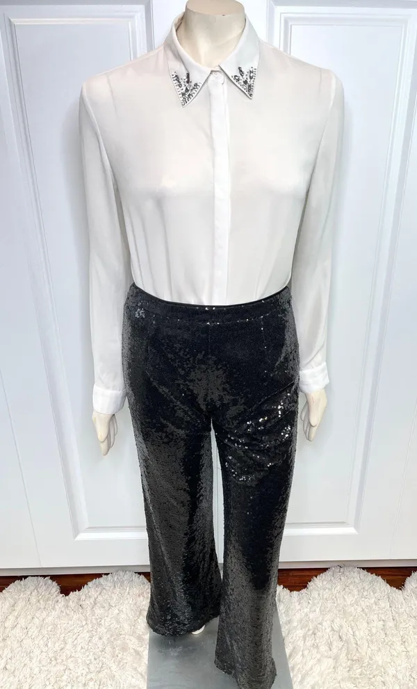 White Jewel Collar Long Sleeve Button Down Blouse - Image 7