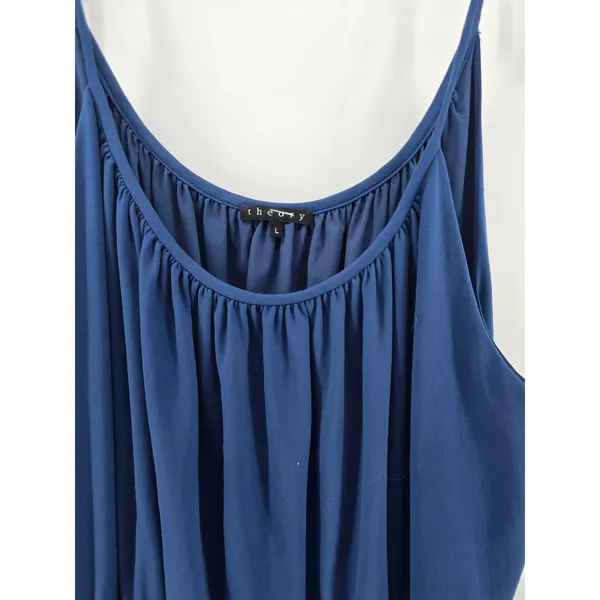 Theory Silk Midi Dress Womens Large Blue Tie‎ Shoulder Gathered Neck Minimalist - Image 2