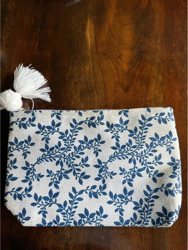 Shiraleah Chicago Bride Cosmetic Bag with Blue Leaf Print and Tassel - Image 3