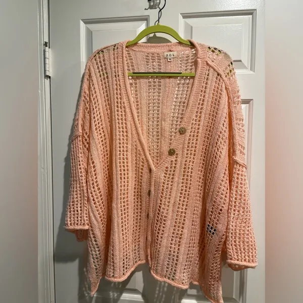 POL open knit oversized cardigan sweater top sz M L light salmon pink - Image 2