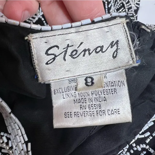 Vintage Stenay silk beaded sequin gown‎ maxi with slit black white Sz 8 - Image 10