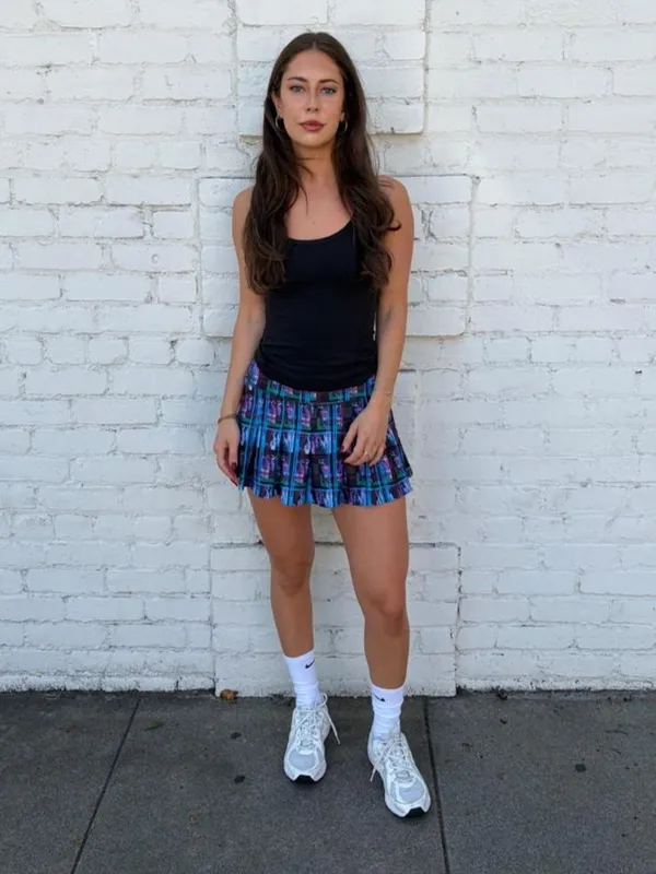 Y2K Blue and purple plaid mini tennis golf athletic skirt with ruffle hem sz M - Image 2