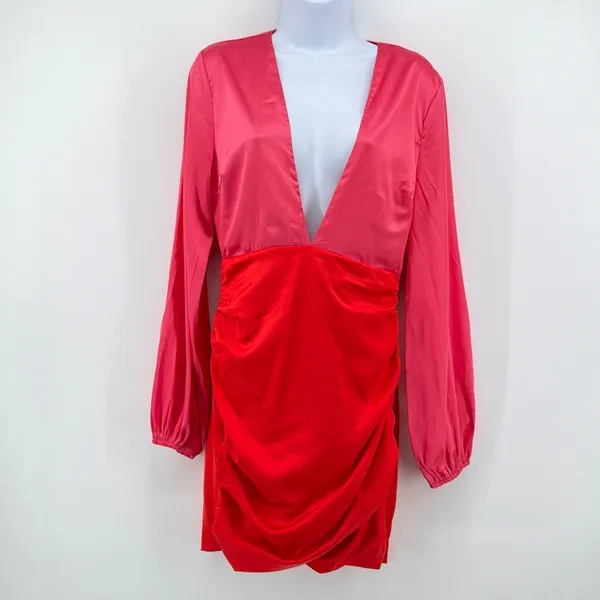 superdown Revolve Cheyanne Satin Deep V Plunge Colorblock Mini Dress Pink Red S - Image 2
