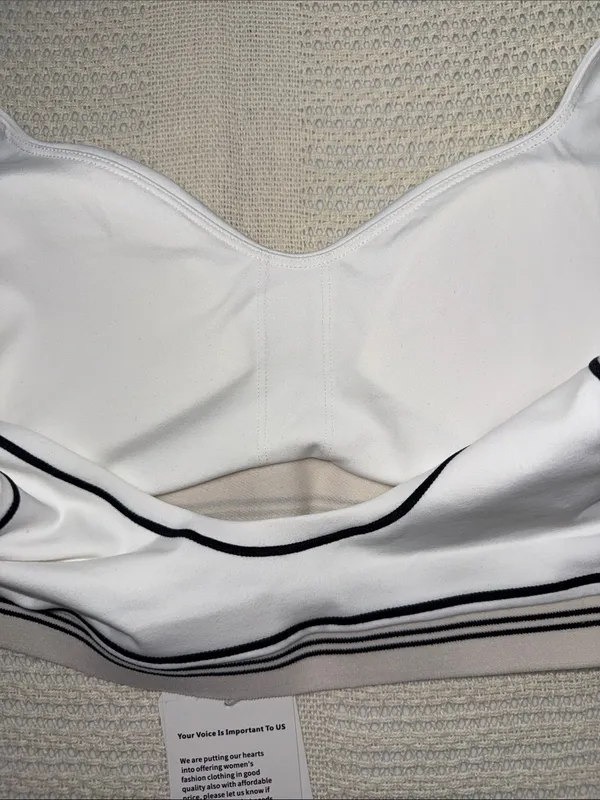 White Sports Bra with Taupe Band and Black Piping - Image 5