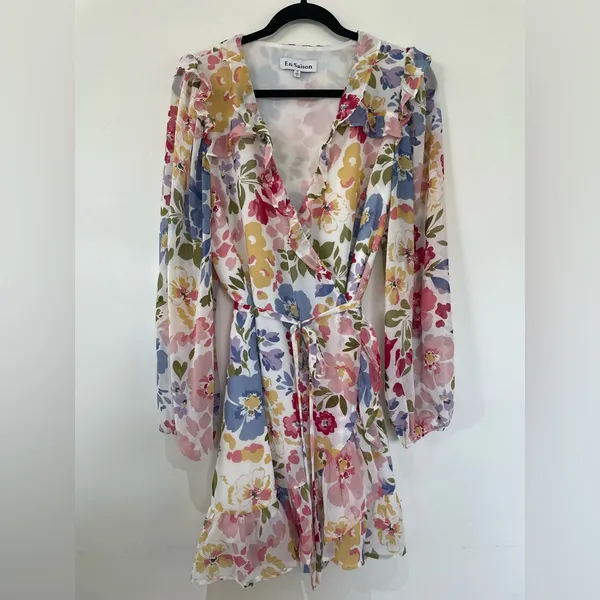 EN SAISON Floral Ruffle Wrap Dress S | Romantic Summer Dress - Image 3