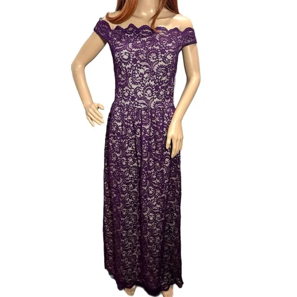 Yellow Star Womens Plum Lace Nude Maxi Off Shoulder Dress Size M USA MADE - Image 2