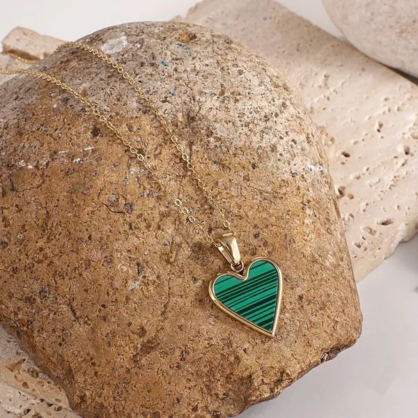 Stainless Steel Malachite Heart Pendant Necklace - Image 3