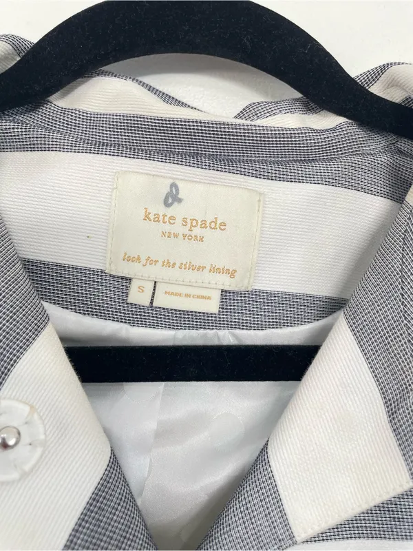 KATE SPADE Ivy Car Coat S Cream Navy Soda Fountain Stripe Bow Buttons - Image 9