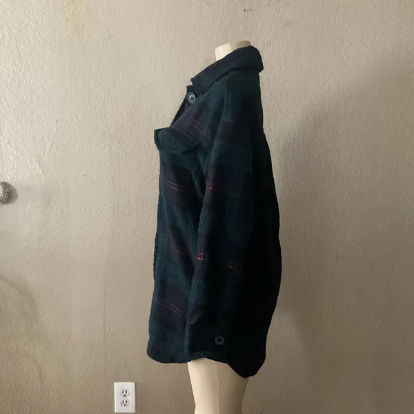 Bershka Women’s XS/S Plaid Oversized Shacket Jacket Teal Black Button Front - Image 3