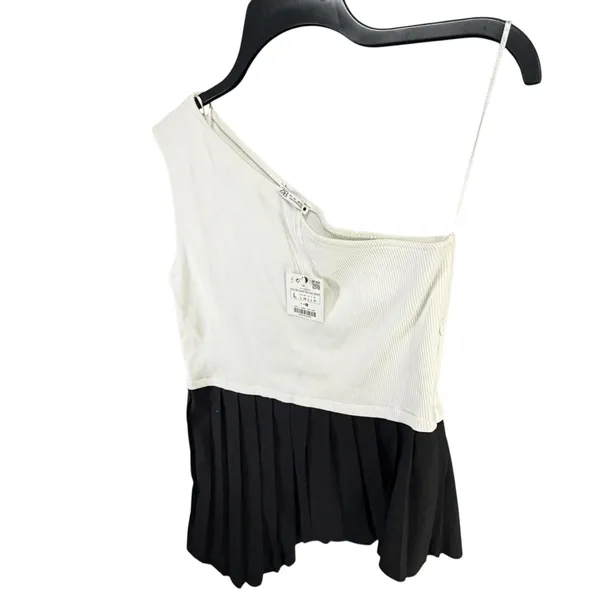 Zara One‎ Shoulder Top Womens L White Black Contrasting Pleated Hem Asymmetrical - Image 3