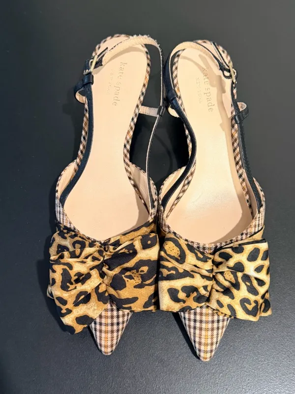 Kate Spade Daxton kitten heel houndstooth leopard pumps, slingback pointy toe 7 - Image 11