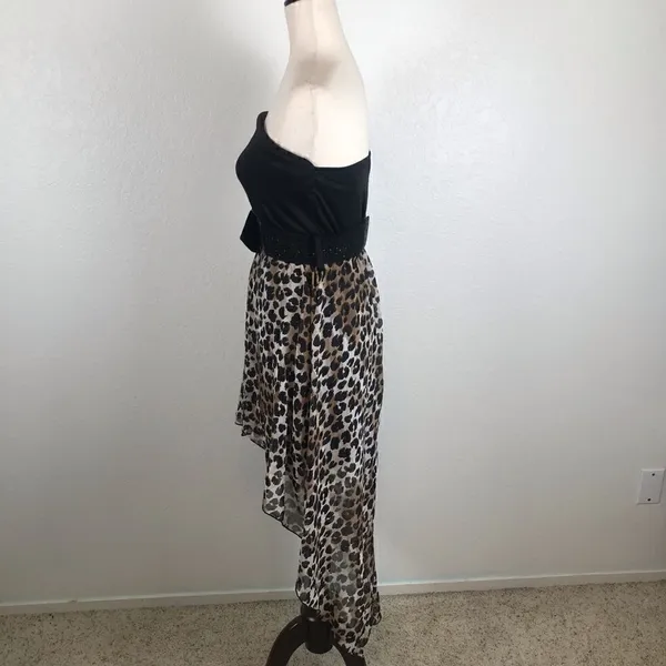 Vintage Y2K strapless bow embellished belted Hi/low leopard print mini dress‎ - Image 4