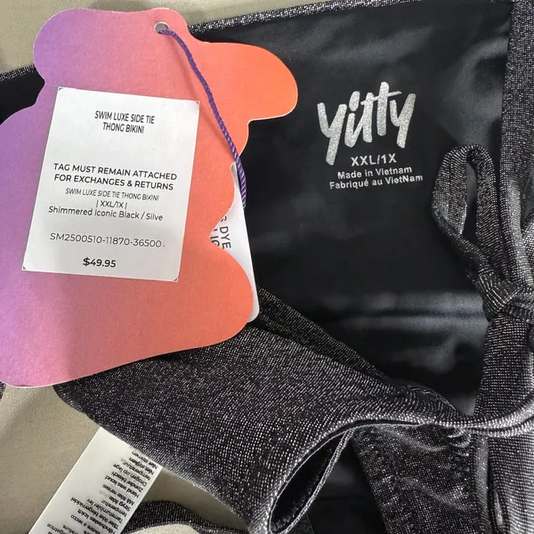 Fabletics Yitty Swim Luxe Side Tie Thong, Black/Silver Shimmer, XXL/1X - Image 3